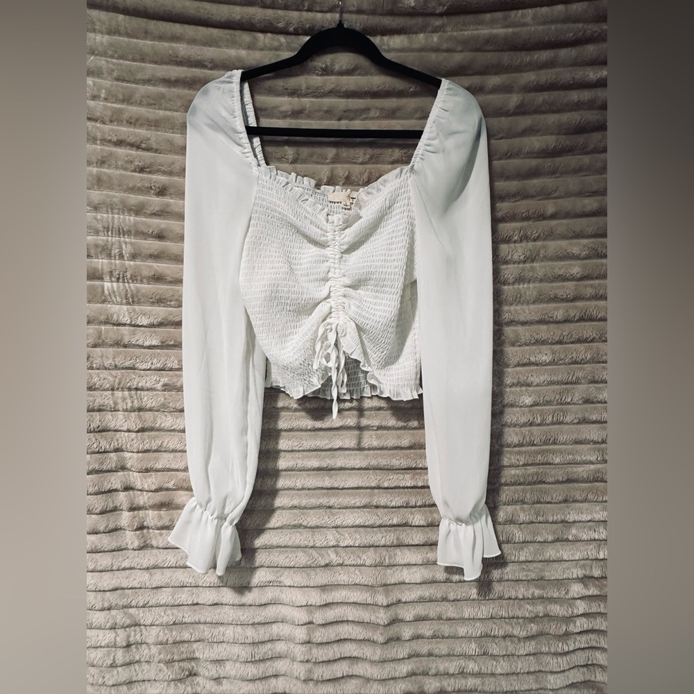 Cropped Drawstring White Long-Sleeve Blouse